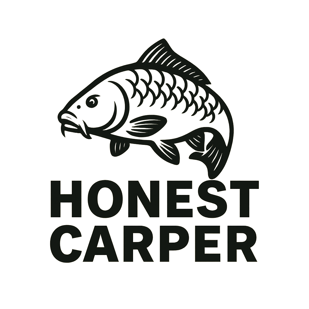 Logo for Honest Carper featuring a bold, stylized carp illustration above clean, capitalized text in a modern fishing theme.